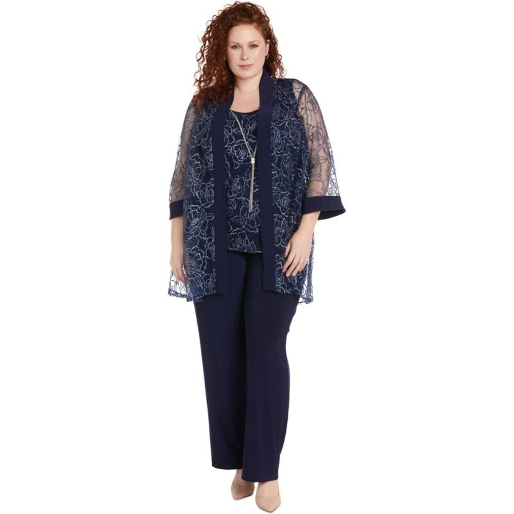 R & M Richards Womens 3pc Lace Wide Leg Relaxed Casual Pants, Blue, Plus Size...